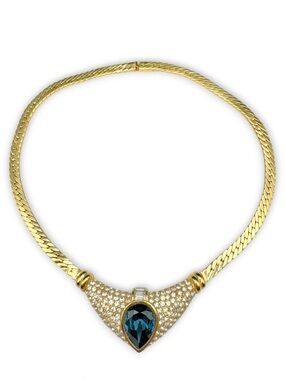 Vintage Ciner Diamanté Crystal & Sapphire Tear Drop Collar Necklace